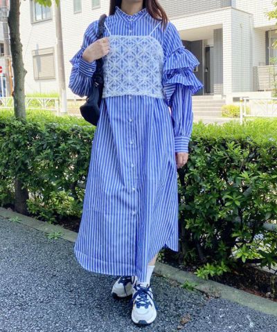 familia ネイビー ワンピース フリル袖 袖フリルAラインワンピース