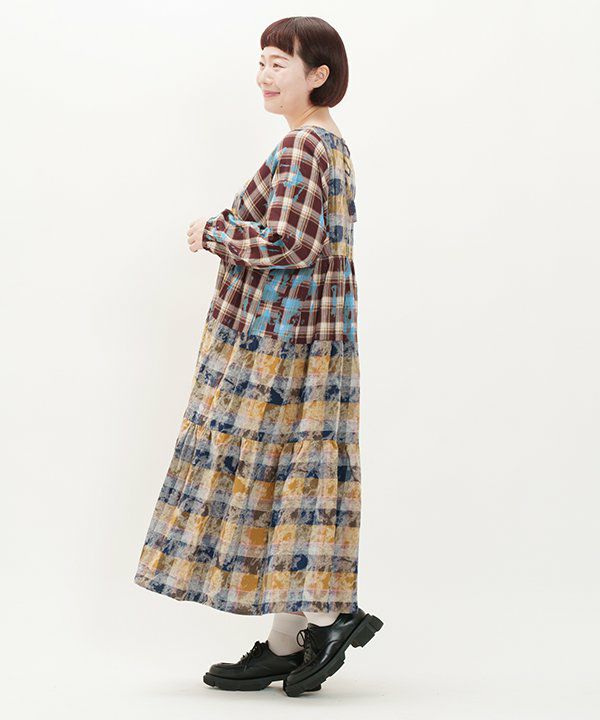 as know as olaca 長袖シャツワンピース チェック フリル ロング