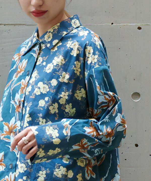【Oscan de la Renla】総柄シャツ/花柄/パワーショルダー/派手 花柄 七分袖カットソー ＜花車と宝尽し/赤＞ | 京友禅アロハ