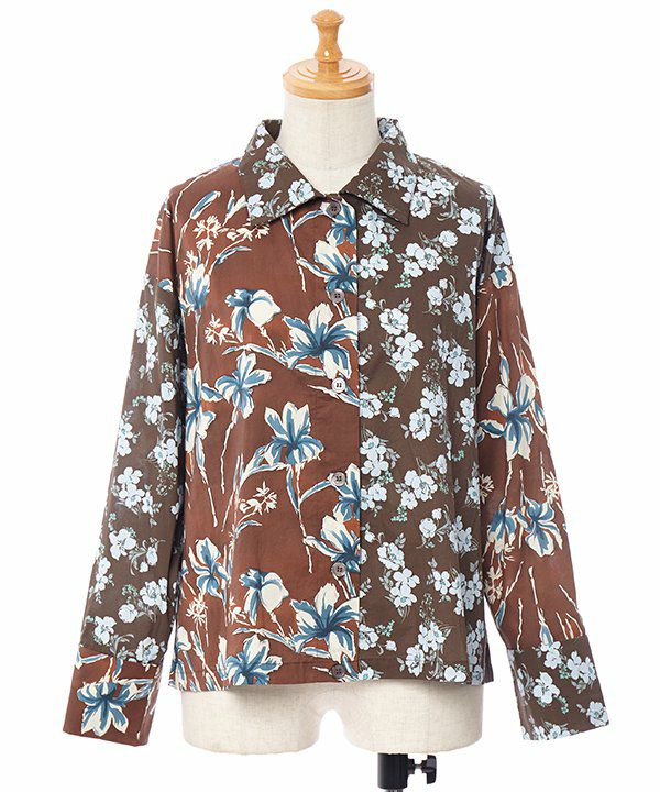 【Oscan de la Renla】総柄シャツ/花柄/パワーショルダー/派手 花柄 七分袖カットソー ＜花車と宝尽し/赤＞ | 京友禅アロハ